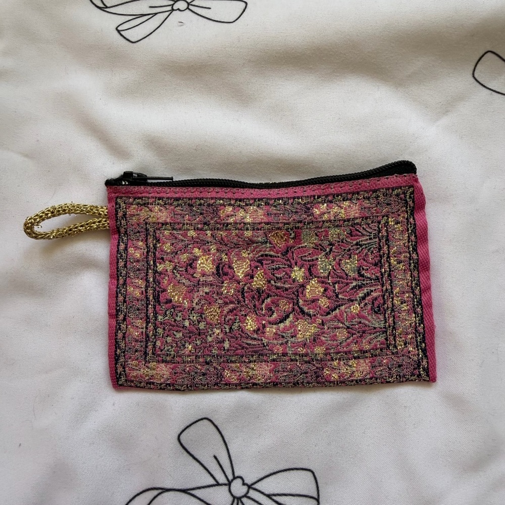 Elegant Pink and Gold Embroidered Coin Wallet